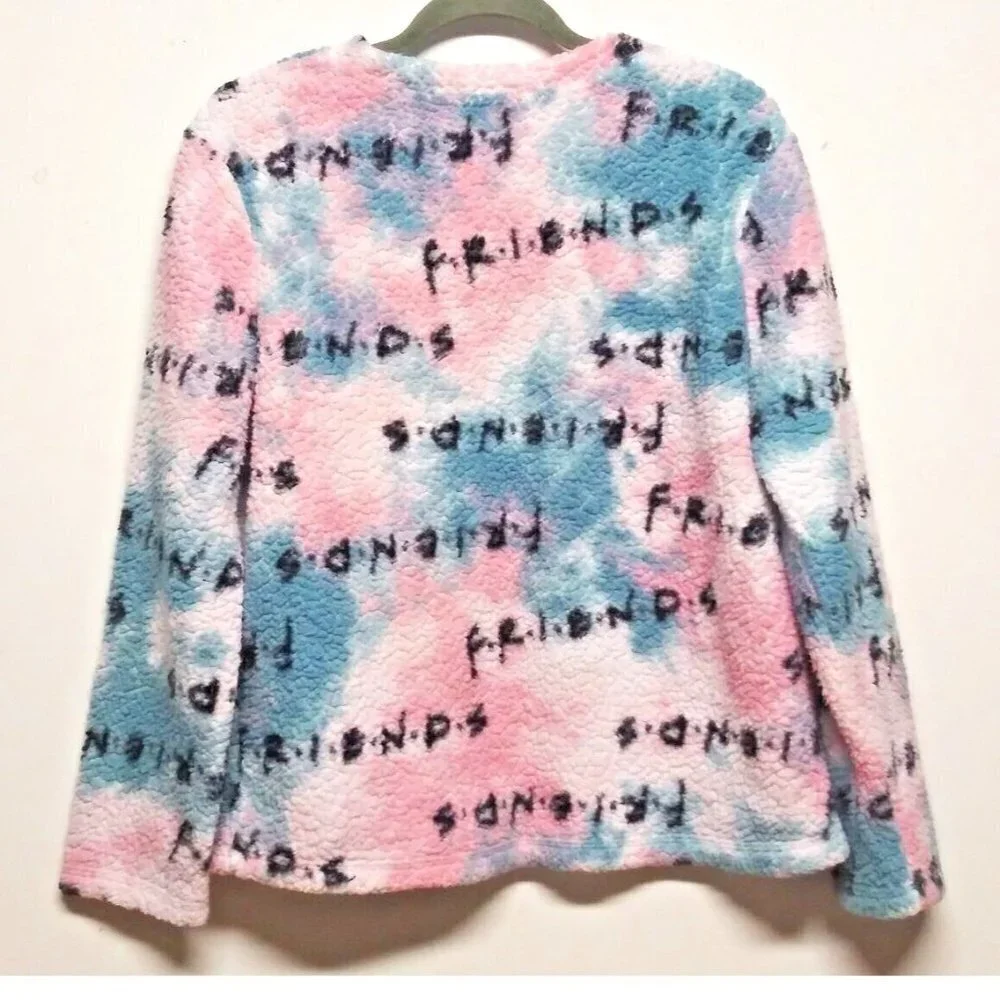FRIENDS TV Show Sleepwear Pajama Top Womens Sz M Fleece Pink Blue FLUFFY SOFT